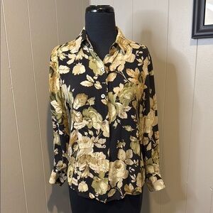 Linda Allard Ellen Tracy Women’s 4 Black Tan and Cream Floral Button-Up Blouse